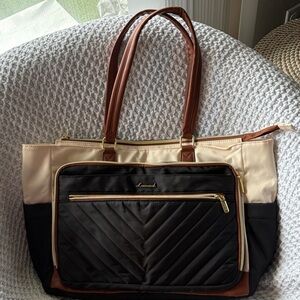 Quilted Black and Cream Tote Bag with Brown Handles